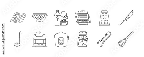 Kitchen utensils and cooking equipment line icons - Set of line icons representing kitchen tools, cookware, and food preparation equipment including stove, blender, grater, whisk, knife, and jars.
