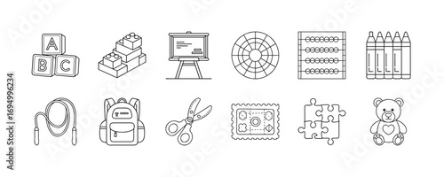 School education and childhood learning line icons - Collection of line icons showing toys, school supplies, backpack, puzzles, crayons, and classroom tools for education and early childhood learning.