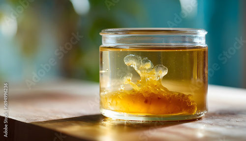 Wallpaper Mural A gelatinous ‘mother of vinegar’ floating on the surface of a jar of fermenting apple cider vinegar, representing the probiotic-rich natural fermentation process Torontodigital.ca