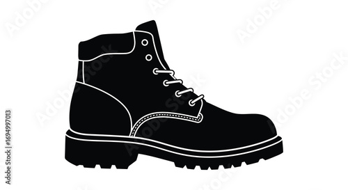 a sturdy black boot with detailed laces and sole silhouette