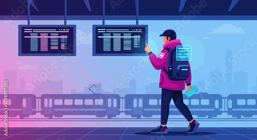Traveler checking train schedule in vibrant urban railway station setting with digital interface