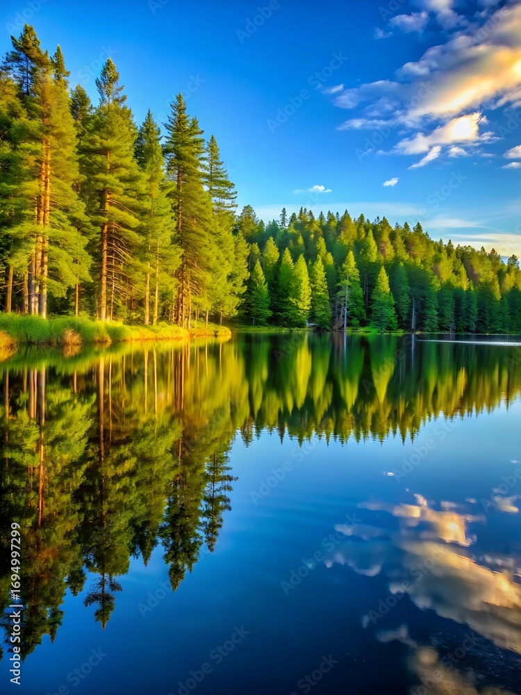 Fototapeta premium Pine forest reflected in calm lake under blue sky