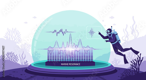 Underwater marine research with diver analyzing the resonance frequency and digital signal