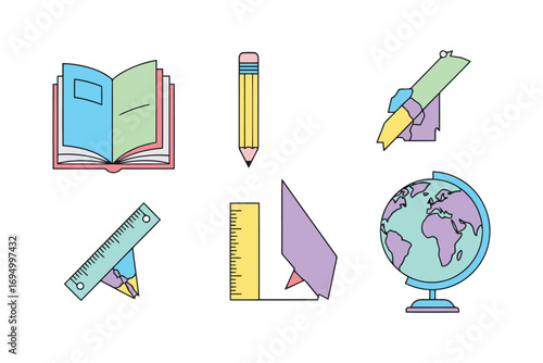 School supplies set open book pencil ruler globe and eraser icons white background
