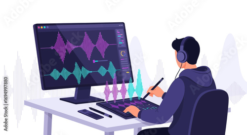 Vector illustration of a sound editor working on audio waveforms with a graphic tablet focusing on