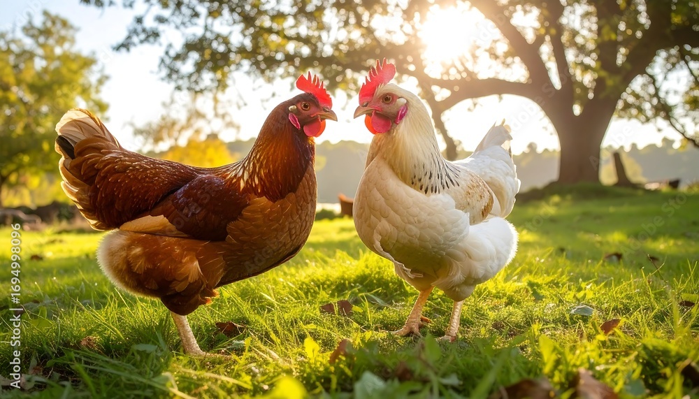Fototapeta premium Two chickens in a grassy field bathed in sunlight
