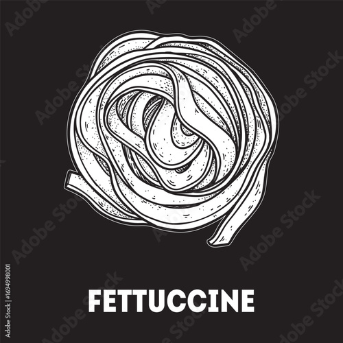 Pasta fettuccine sketch. Italian food. Hand drawn vector illustration. Fettuccine pasta Engraved style. Detailed black and white illustration.