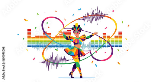 Vibrant carnival dancer celebrating music and sound waves in a colorful spectacle