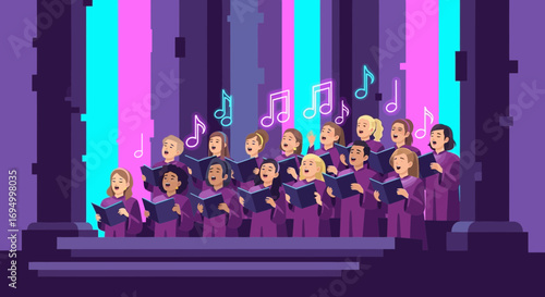 Vibrant choir performance illustration with neon music notes in a grand architectural setting