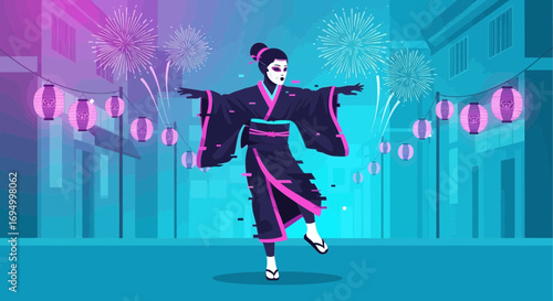 Vibrant celebration of traditional Japanese culture with a modern digital glitch effect