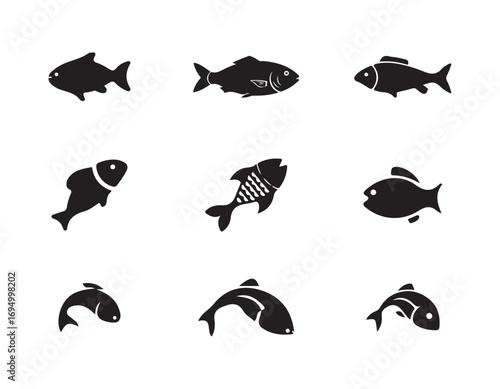 Fish icons set , fish silhouettes ,Seafood icons, fishing symbols, outline fish icons, ocean symbol or logovector illustration EPS 10.
