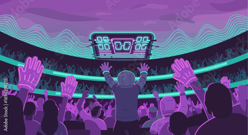 Vibrant illustration of cheering fans in a stadium with a retro neon scoreboard design
