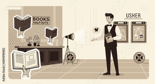 Vintage-style illustration depicting a bookstore usher surrounded by books and film elements