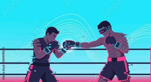 Virtual boxing match: Two opponents face off in a digitally enhanced ring showcase