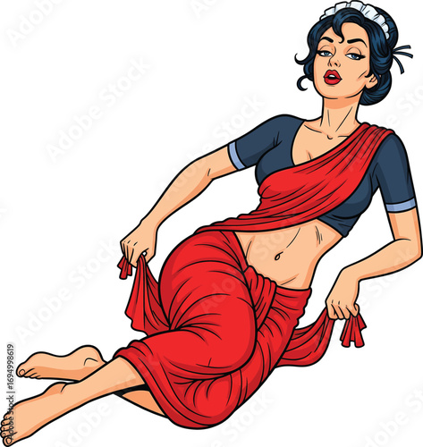Beautiful Indian Woman in a Red Saree Reclining Barefoot on the Floor