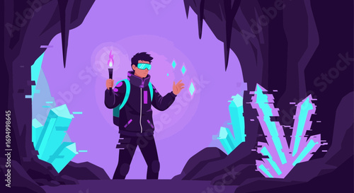 Virtual reality adventure: Man exploring a crystal cave in a simulated environment with a torch