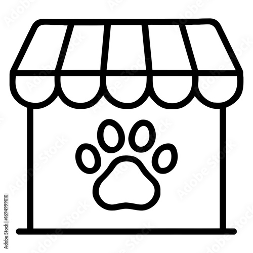 Line icon of pet shop building with paw print symbolizing animal store and supplies
