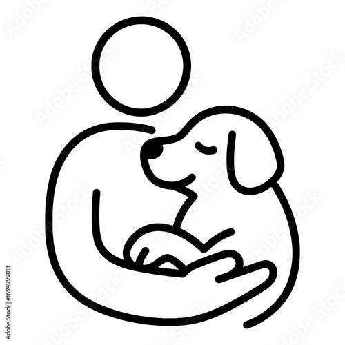 Line icon of person hugging dog symbolizing pet care love compassion and friendship