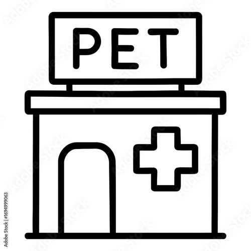 Line icon of pet clinic building with medical cross symbolizing veterinary care