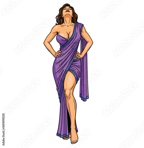 Powerful Goddess-like Woman in a Purple Saree Standing in a Confident Pose