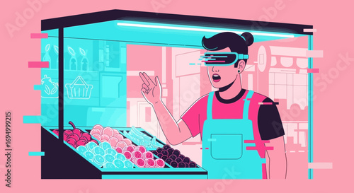 Virtual Reality Shopping Experience Colorful Illustration of a Vendor and Fresh Fruits