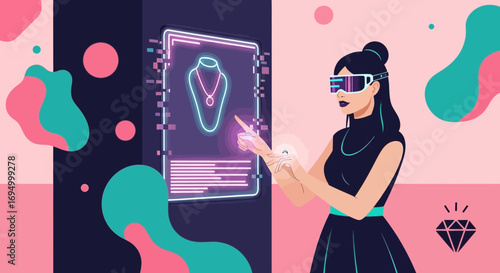 Virtual reality shopping: woman uses augmented reality to purchase jewelry online