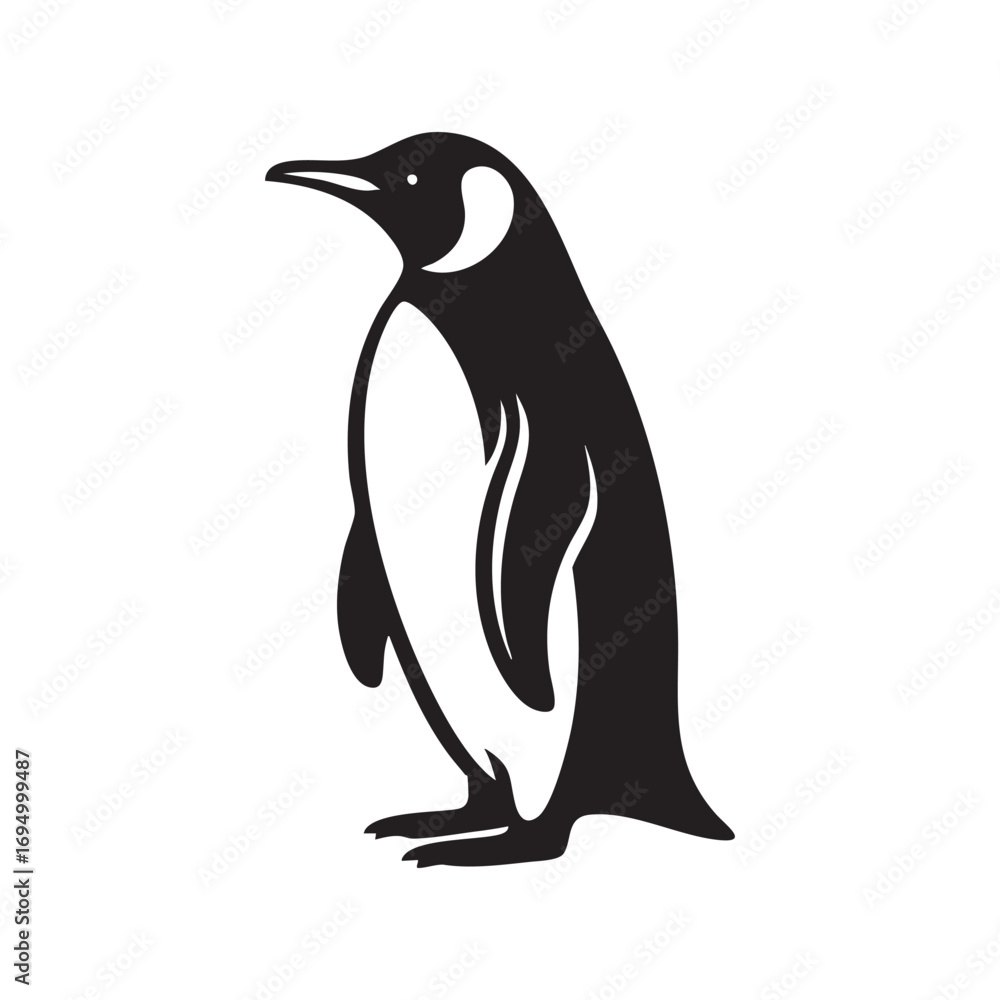 Fototapeta premium Monochrome Majesty A Striking Silhouette of an Emperor Penguin Standing Tall Against a Clean White Backdrop