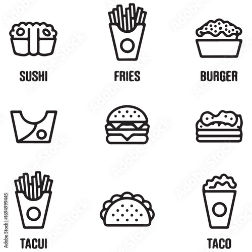 Collection of Minimalist Black and White Line Art Food Icons