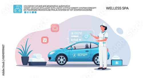 Wellness spa concept with electric car hologram and futuristic automotive design