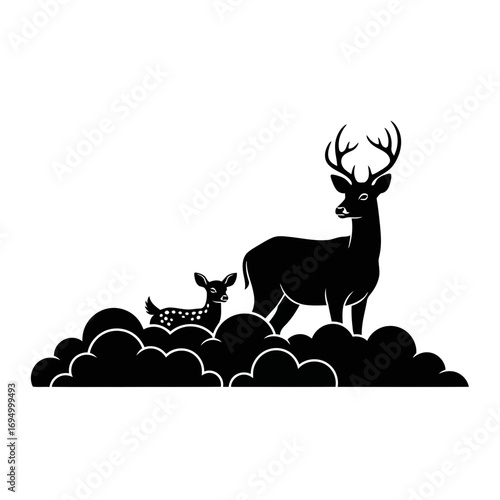 Majestic stag and fawn silhouette on clouds isolated on white background