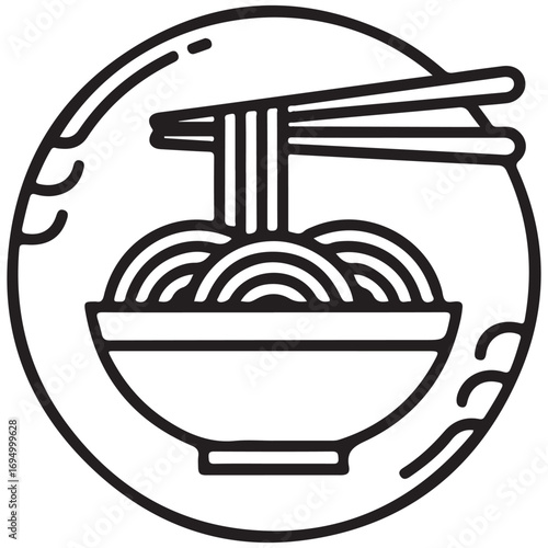 Monochrome Line Art Illustration of Noodles in a Bowl with Chopsticks