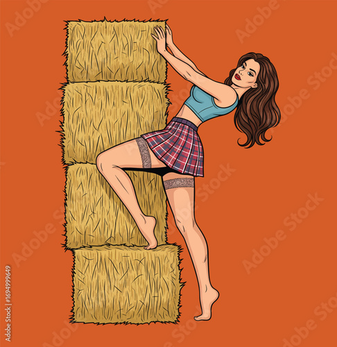 Sexy Farm Girl Pin-up in a Plaid Skirt Posing on a Stack of Hay Bales