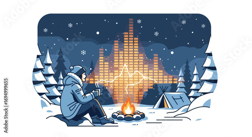 Winter campfire vibes a cozy night with music in snow landscape illustration