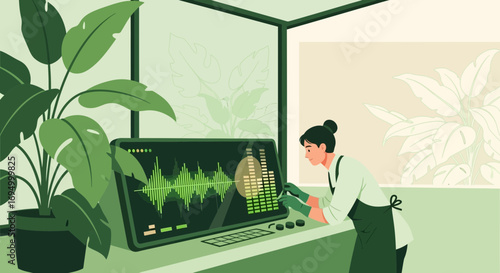Woman analyzing audio waveforms on a computer screen in a greenhouse environment illustration