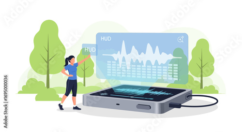 Woman interacting with augmented reality HUD interface showing audio waveforms outdoors