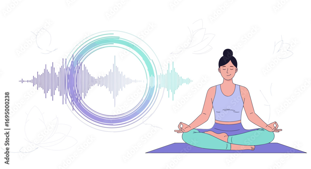 Obraz premium Woman practicing meditation with sound waves, promoting mindfulness and well being through