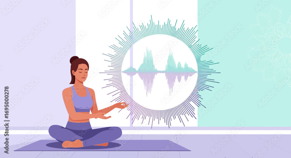 Obraz premium Woman practicing mindful meditation with sound frequency for relaxation and stress relief
