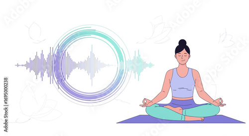 Woman practicing meditation with sound waves, promoting mindfulness and well being through