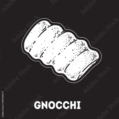 Pasta gnocchi sketch. Italian food. Hand drawn vector illustration. Gnocchi pasta Engraved style. Detailed black and white illustration.