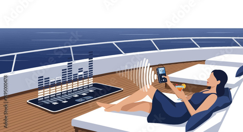 Woman relaxing on a yacht with music, enjoying the sea breeze and a refreshing cocktail