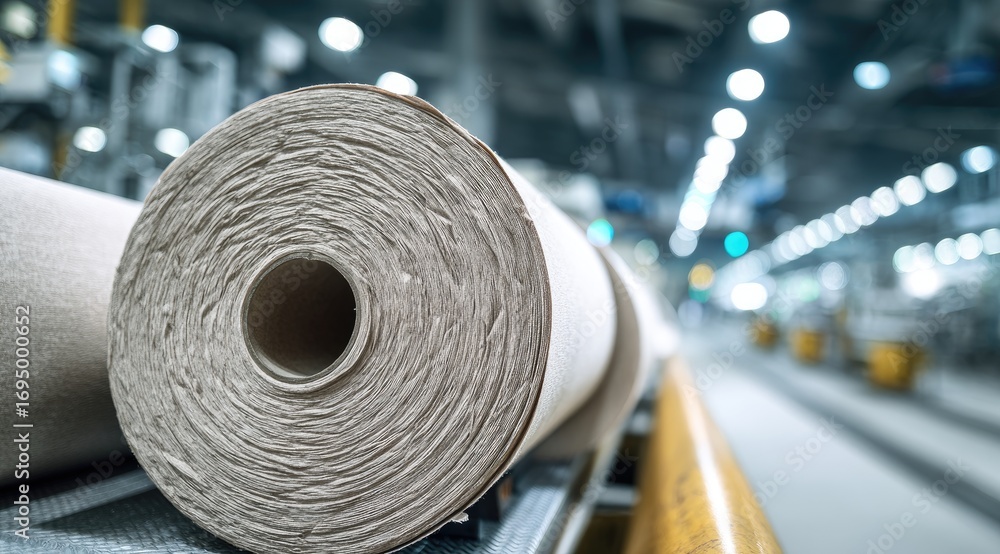 Obraz premium Rolled beige fabric on a conveyor in a factory