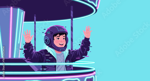 Young astronaut waving with futuristic design and neon lights, expressing joy and excitement
