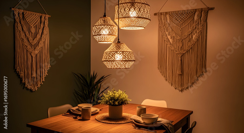 Cozy Dining Area Featuring Woven Lamps, Macrame, Floral Decoration, And Wooden Table