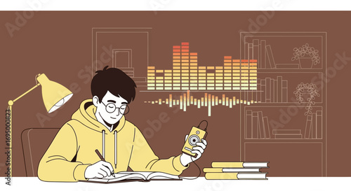 Young man studying and listening to music, vector illustration for creative content, ideal for
