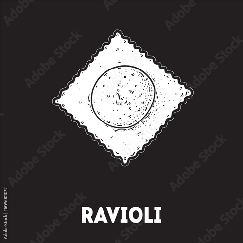 Pasta ravioli sketch. Italian food. Hand drawn vector illustration. Ravioli pasta Engraved style. Detailed black and white illustration.