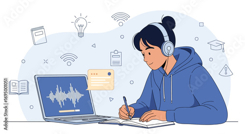 Young woman learning with a laptop and headphones for an online class concept illustration