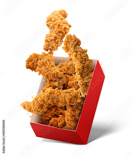 Fried Chicken hot crispy strips crunchy pieces of falling chicken tenders into a Bucket - large Red box isolated in white background	