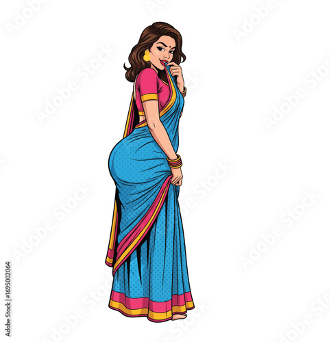 Beautiful Woman in a Colorful Traditional Saree Looking Back Over Her Shoulder