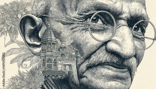 Banner and poster sketch-style illustration for Gandhi Jayanti with Indian cultural motifs and Gandhia??s image