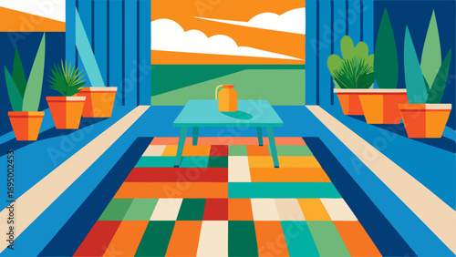 A patio with a colorblocked outdoor rug featuring shades of blue green and orange creating a cheerful and inviting atmosphere for outdoor gatherings.